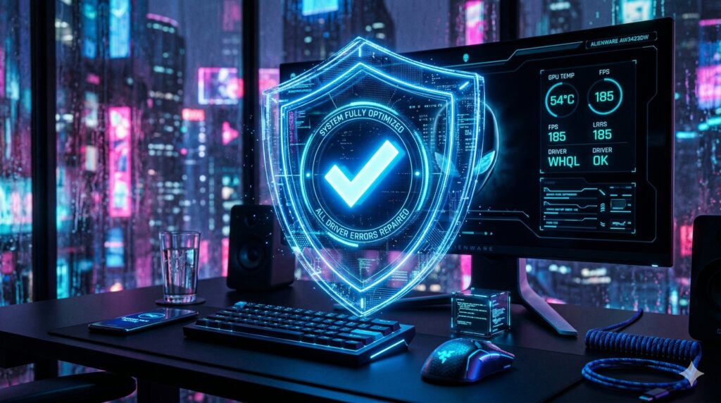 PC 시스템 에러 수리 및 그래픽 드라이버 최적화 완료를 상징하는 방패 모양 이미지