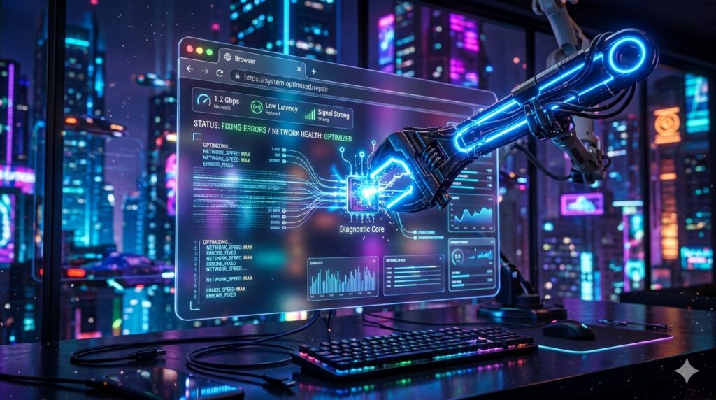 브라우저 시스템 오류를 해결하고 속도를 최적화하는 미래지향적 IT 컨셉 이미지