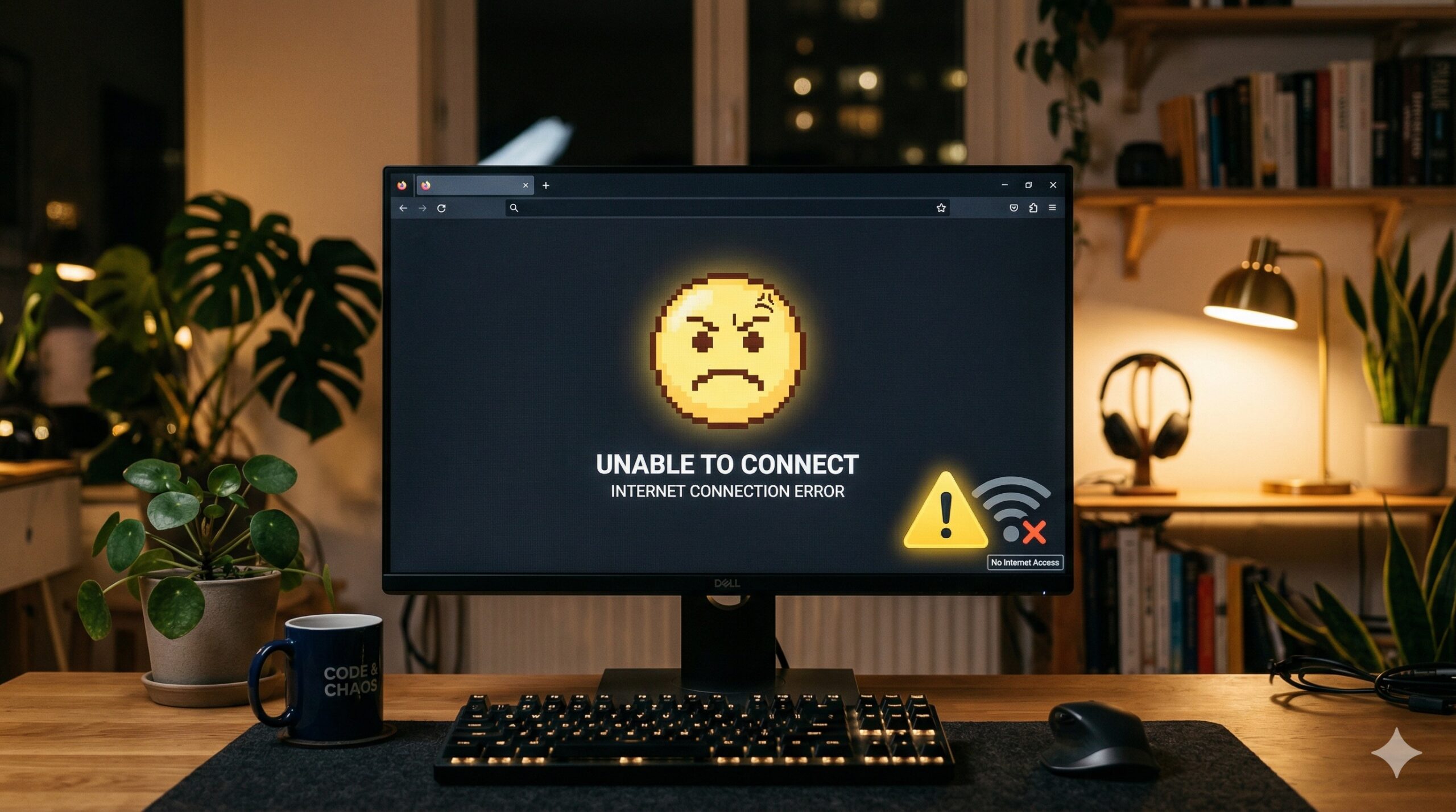 식별되지 않은 네트워크 해결을 위해 노란색 느낌표 인터넷 끊김 오류를 확인하는 모니터 화면