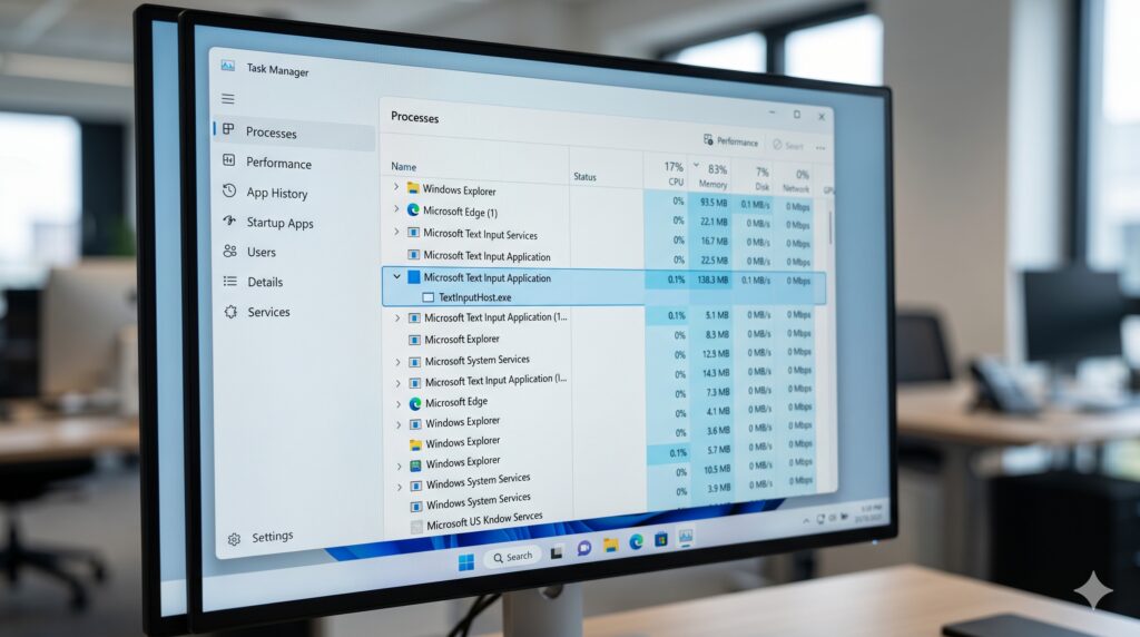 작업 관리자를 통한 한글 텍스트 입력기 응용 프로그램 재시작 화면
