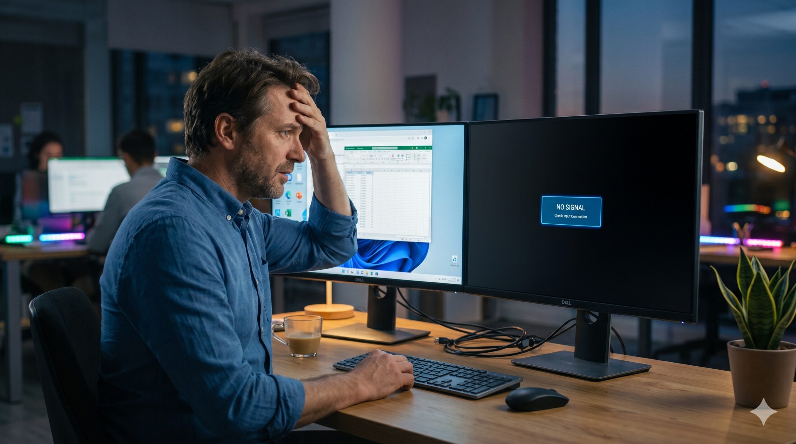 듀얼 모니터 인식 안됨 오류에 답답해하는 사용자 모습