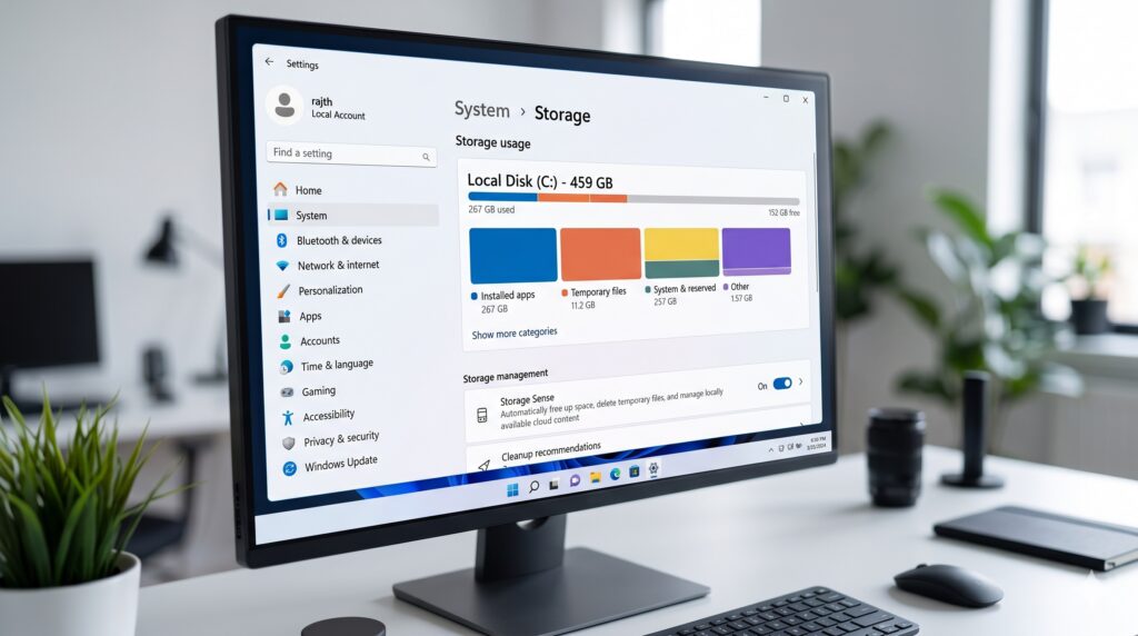 윈도우11 저장소 센스 및 디스크 용량 확인 화면