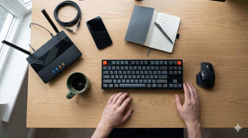 식별되지 않은 네트워크 오류를 해결하기 위해 공유기 및 랜선 연결 상태를 점검하는 깔끔한 책상 모습