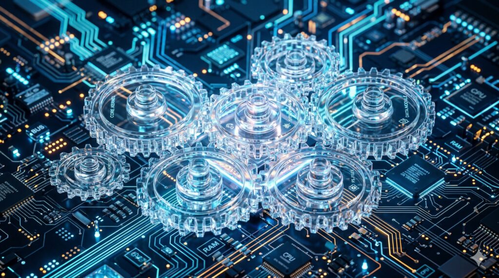 디지털 회로 기판 배경 위에 부드럽게 맞물려 돌아가는 투명한 톱니바퀴 그래픽