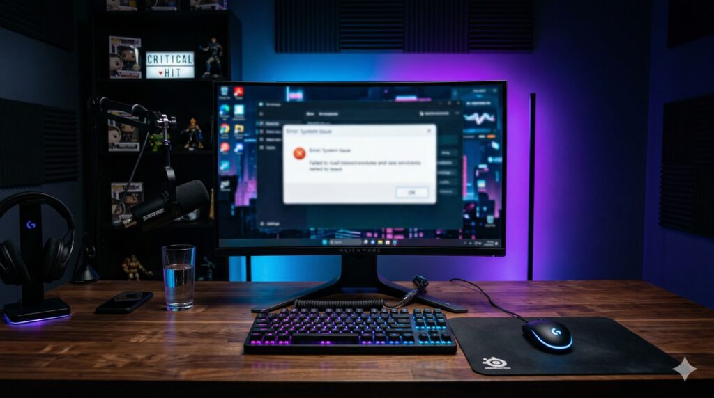 화려한 LED 조명이 켜진 책상 위 모니터에 컴퓨터 오류 메시지가 떠 있는 모습