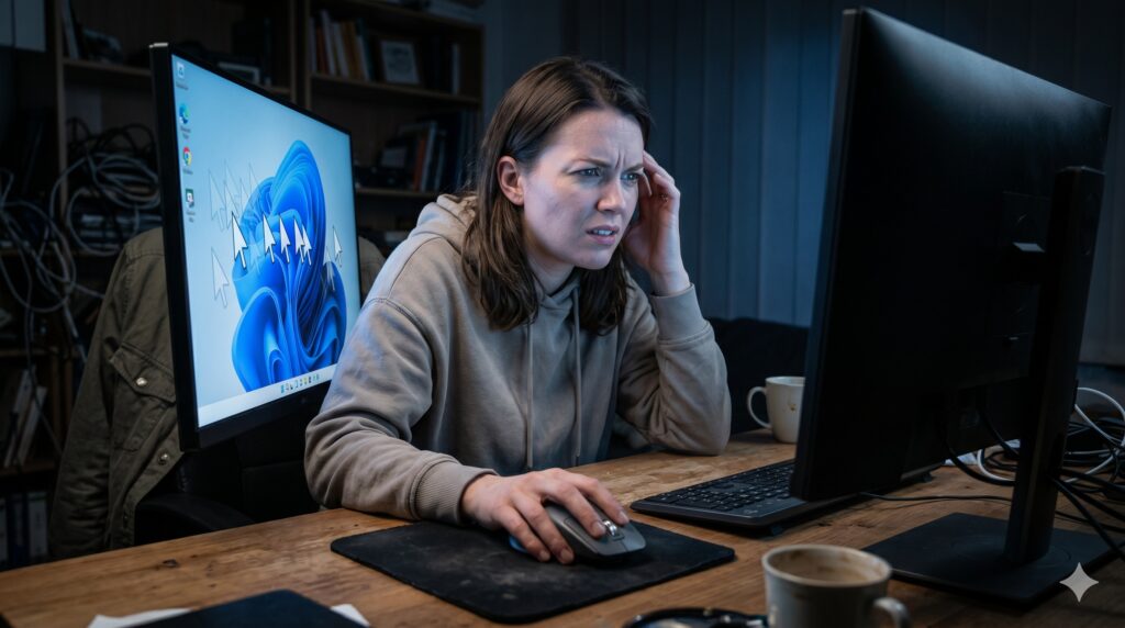 컴퓨터 마우스 끊김 현상으로 답답해하는 유저의 모습
