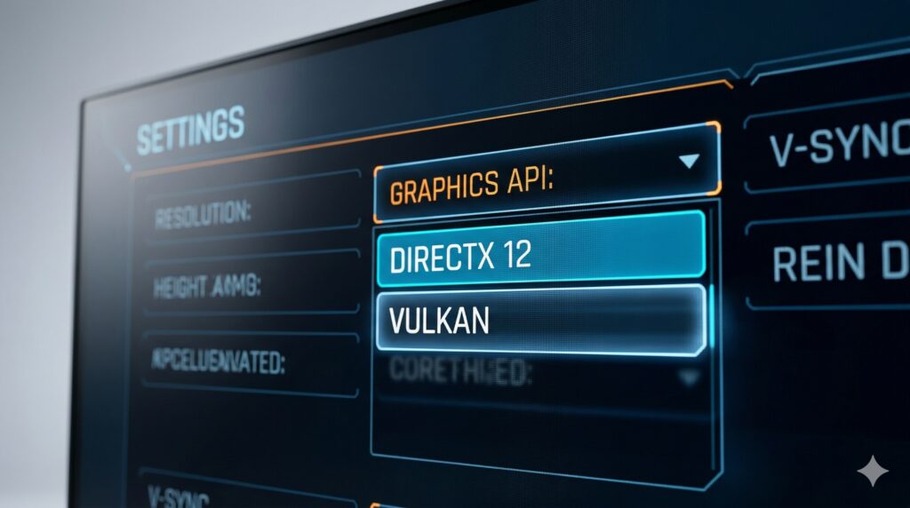 게임 내 그래픽 API 렌더러 다이렉트X 및 벌칸 설정 화면