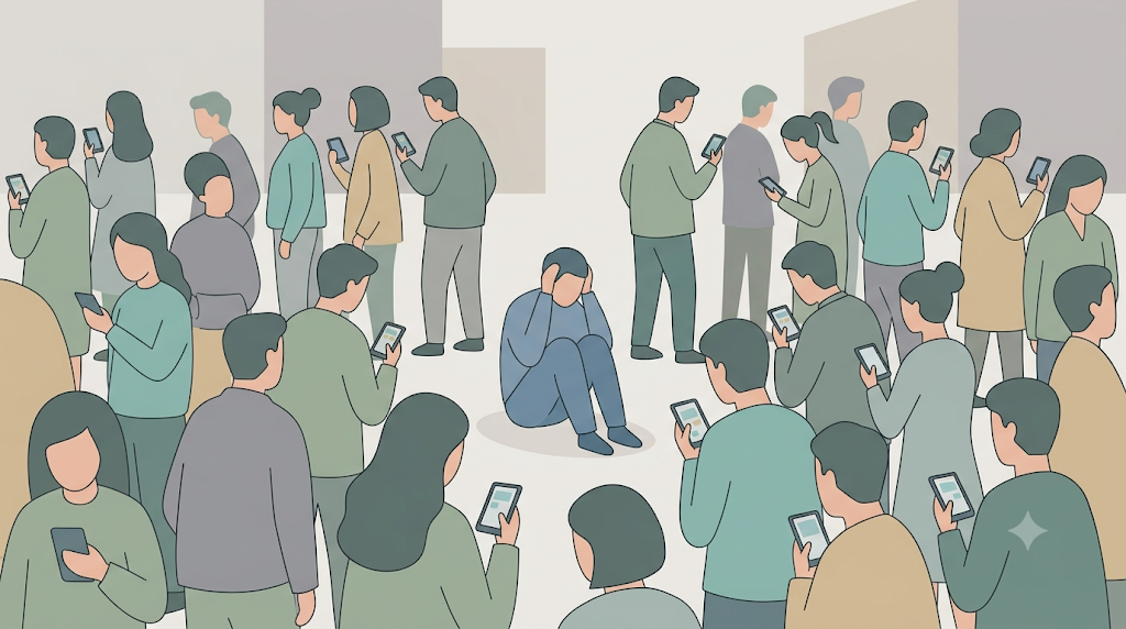 곤경에 처한 사람을 둘러싸고 아무도 돕지 않는 방관자 효과와 책임 분산 심리 묘사 일러스트